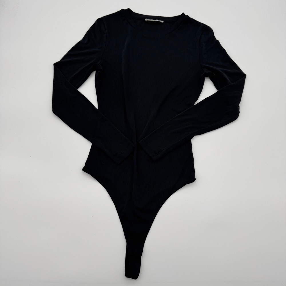 Elodie Black Ribbed Long Sleeve Bodysuit Base Layer Womens Medium